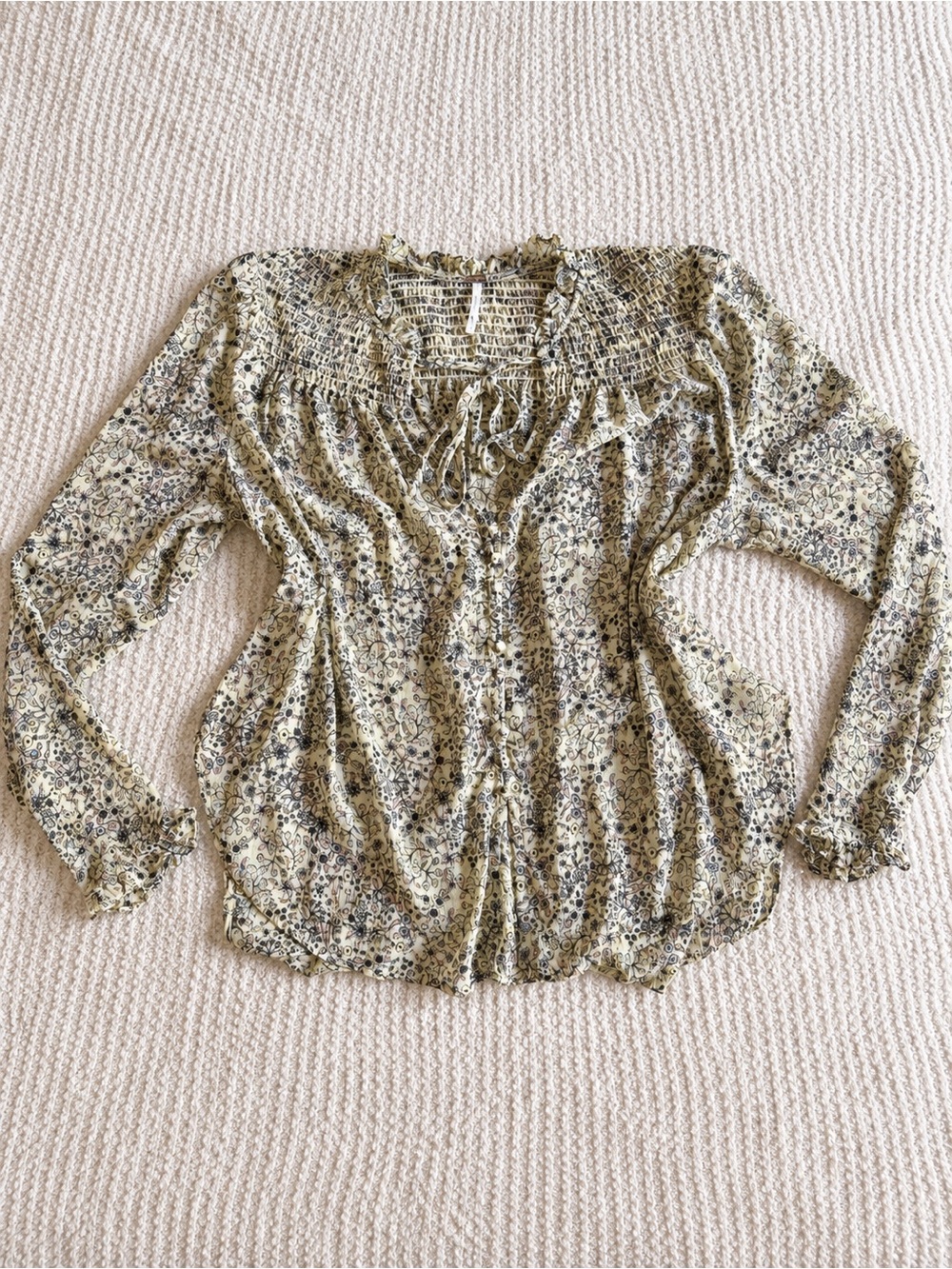 Free People Lela Floral Smocked Blouse XS | Yellow Boho Button Front